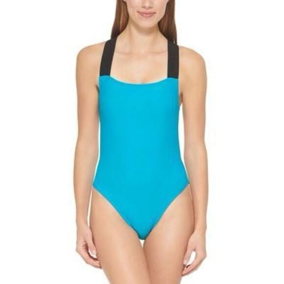 DKNY MOIRE FLORAL BLUE MULTI Ruffle Tummy-Control One-Piece Swimsuit US 14 - Picture 1 of 3
